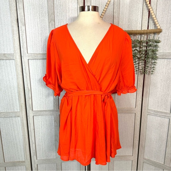 Torrid Georgette Orange Surplice Puff Sleeve Blouse Short Sleeve Plus Size 2 2X - Picture 8 of 13